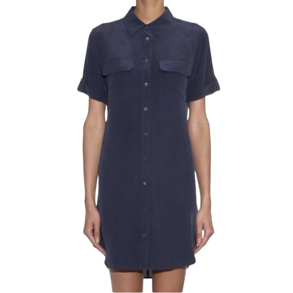 Equipment Short Sleeve Slim Signature Silk Dress in Navy | SMALL - Picture 1 of 11